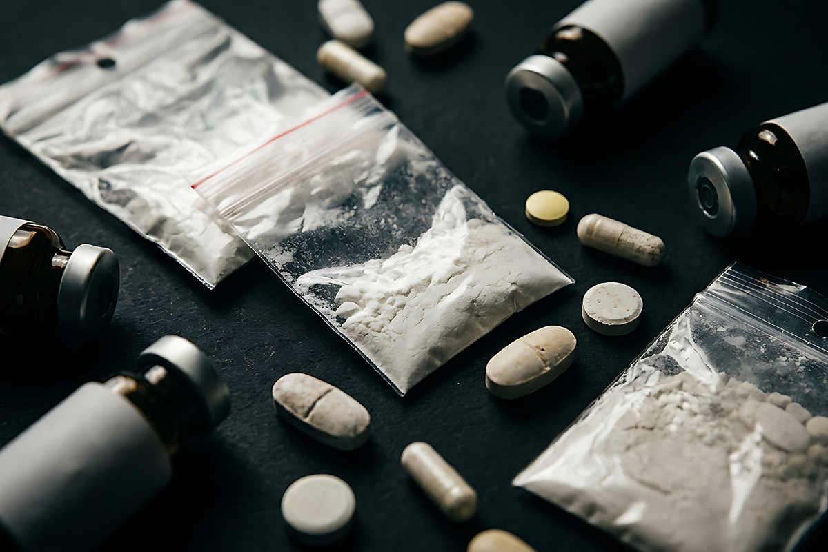 drugs displayed on table
